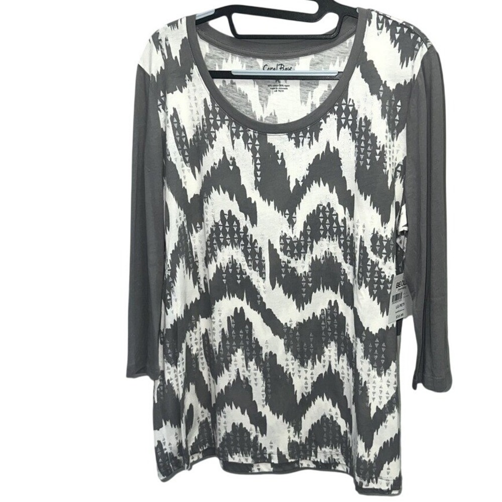 Coral Bay Top Women PL Grey New Ikat Chevron Metallic Foil 3/4 Sleeve CBP5414